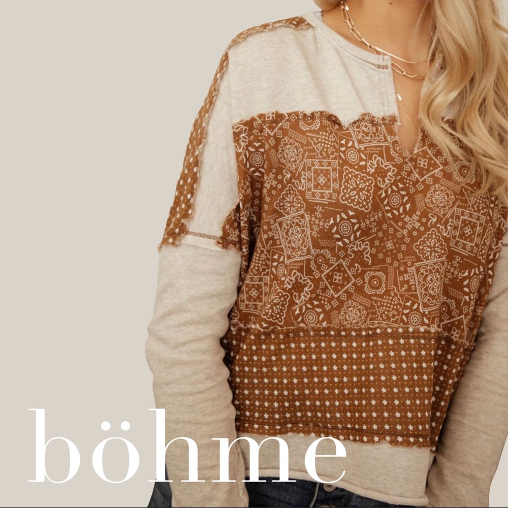 Boutique Camel Almendra Boho Patch Top